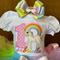 Traje de cumpleaños de unicornio, conjunto de tutú de unicornio arco iris pastel, unicornio pastel, traje de tutú de cinta, primer vestido de cumpleaños, traje de unicornio, personalizado