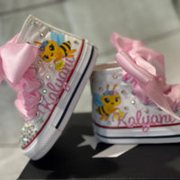 Bee Theme sneaker shoes,  Custom Safari bling chucks, Bumblebee Bling shoes
