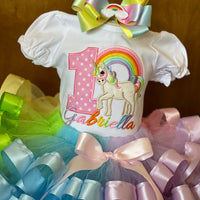 Traje de cumpleaños de unicornio, conjunto de tutú de unicornio arco iris pastel, unicornio pastel, traje de tutú de cinta, primer vestido de cumpleaños, traje de unicornio, personalizado