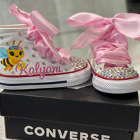 Bee Theme sneaker shoes,  Custom Safari bling chucks, Bumblebee Bling shoes