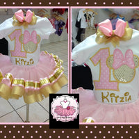 Conjunto de tutú de Minnie Mouse rosa y oro, vestido de Minnie Mouse, vestido de Minnie Mouse rosa y oro
