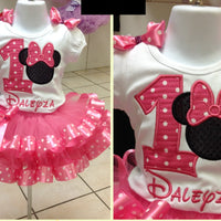 Traje de tutú de cumpleaños rosa de Minnie Mouse, tutú de cinta de Minnie Mouse, vestido de Minnie Mouse