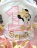 Baby Minnie Mouse, tutú de cinta rosa y dorada, conjunto de cumpleaños personalizado