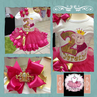 Peppa Pig Ribbon Tutu, Peppa Pig Custom Embroidery Birthday Shirt, Peppa Pig Birthday Outfit, hot pink and gold peppa outfit