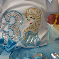 Elsa congelada, tutú de cinta, camisa de cumpleaños bordada, traje de cumpleaños congelado, vestido de tutú congelado, princesa de cumpleaños Elsa, traje de pastel de Elsa