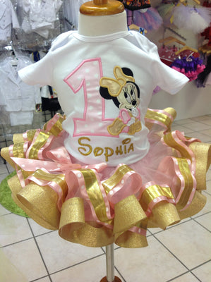 Baby Minnie Mouse, Pink and Gold Ribbon Tutu, Custom Birthday Set