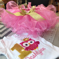 Traje de cumpleaños de búho rosa y dorado, tutú de cinta, camisa de cumpleaños de bordado personalizado, traje de cumpleaños de búho, traje de 1er cumpleaños
