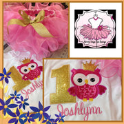 Pink and Gold Owl Birthday outfit, Ribbon Tutu, Custom Embroidery Birthday Shirt, Owl Birthday outfit, 1st birthday outfit