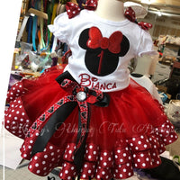 Minnie Mouse red ribbon trim Tutu, Custom Embroidery Birthday Shirt, Birthday outfit