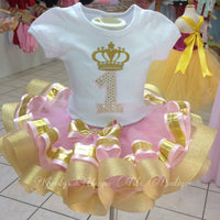 Pink and Gold Crown ,Ribbon Tutu, Custom Embroidery Birthday Shirt, Birthday outfit