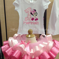 Minnie Mouse rosa, tutú de cinta, camisa de cumpleaños de bordado personalizado, traje de cumpleaños de Minnie rosa