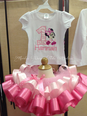 Pink Minnie Mouse , Ribbon Tutu, Custom Embroidery Birthday Shirt, Pink Minnie Birthday outfit