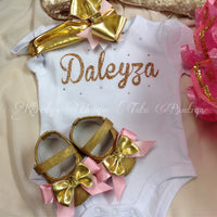 Bebé niña princesa Onsie Tutu traje, traje de niña rosa y oro recién nacido, traje de niña recién nacida que viene a casa, onsie personalizado, onsie infantil