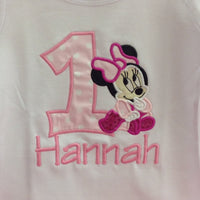 Minnie Mouse rosa, tutú de cinta, camisa de cumpleaños de bordado personalizado, traje de cumpleaños de Minnie rosa