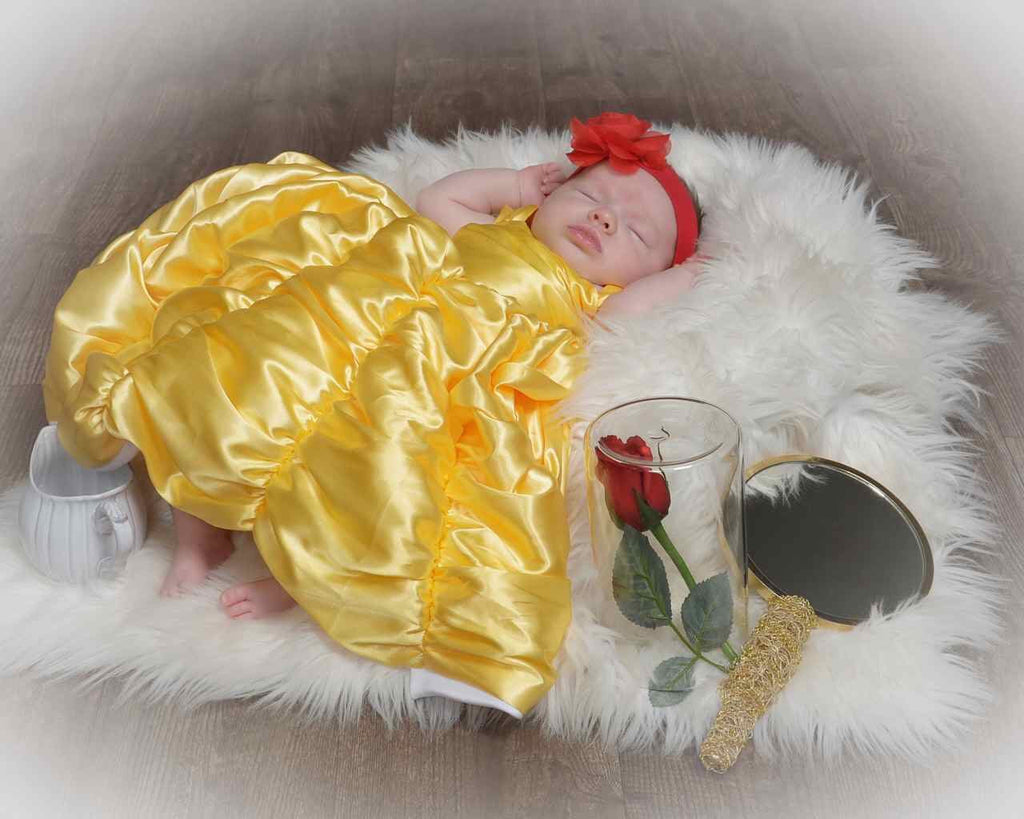 Vestido de bebe belle, vestido de la bella y la bestia, vestido de belle amarillo, vestido de lujo de vacaciones, vestido de bebé de apoyo fotográfico