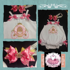 Princess carriage custom body suit, Baby girl carriage outfit, princess bubble romper, pink and gold romper outfit