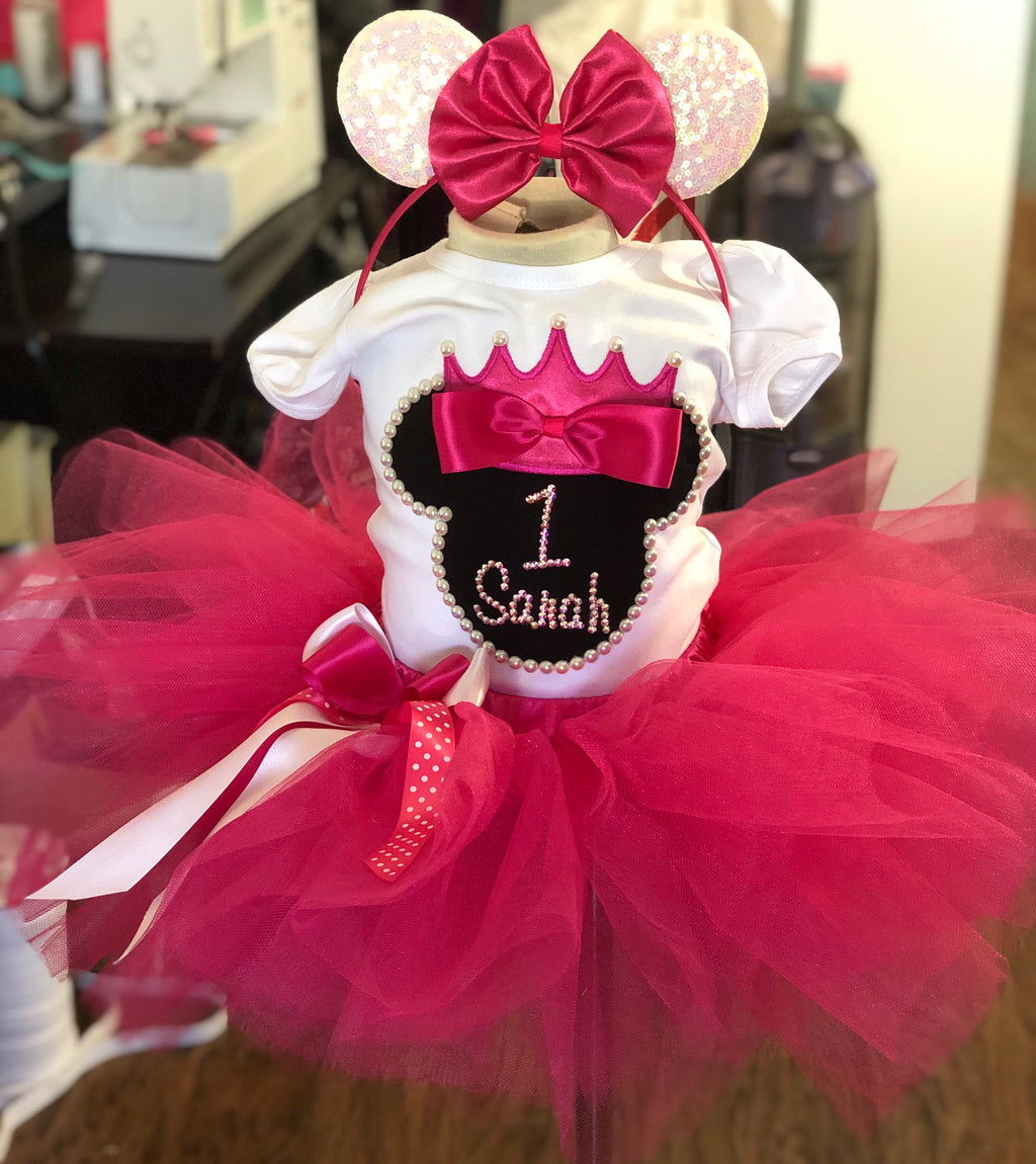 Minnie mouse hot pink birthday outfit with crystals and pearls, Minnie Mouse Bling Dress, Minnie Mouse Dress