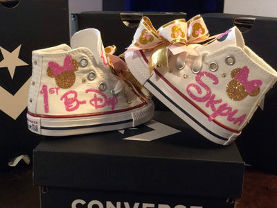 Pink and Gold Personalized Bling Converse, Minnie Pink and Gold shoes, Custom Converse, Custom Baby Shoes,Minnie Mouse Shoes