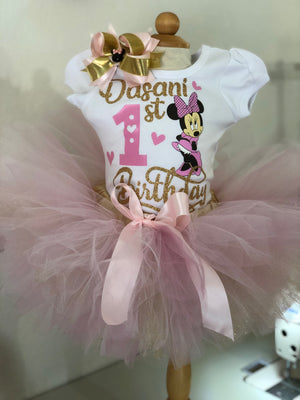 Minnie Mouse Pink and Gold birthday outfit, minnie birthday outfit, minnie mouse pink and gold tutu outfit