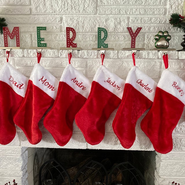 Red and White Plush Monogrammed Embroidered Christmas Stocking, Custom Embroidered Christmas Stocking,Family Christmas Decoration,Personalized Gift