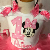 Traje de tutú de cumpleaños de Minnie Mouse rosa, vestido de Minnie Mouse rosa, traje de tutú de lunares rosa