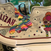 Personalized Bling Converse, rainbow doll custom shoes, rainbow L O L shoes