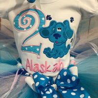 Traje de tutú de pistas de blues Conjunto de tutú personalizado Camisa de cumpleaños Tutú rosa y azul, camisa personalizada de niña de pistas de blues, tutú de perro azul y camisa