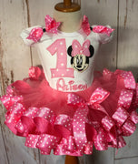 Traje de tutú de cumpleaños de Minnie Mouse rosa, vestido de Minnie Mouse rosa, traje de tutú de lunares rosa