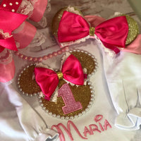 Minnie mouse hot pink and pink birthday outfit with pearls, Pink Minnie Lace Dress, Minnie Mouse Pearls and Lace Dress