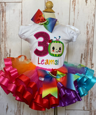 Cocomelon rainbow ribbon tutu set, Cocomelon dress, Cocomelon Party, Cocomelon embroidery shirt, Cocomelon birthday outfit