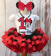 Traje de cumpleaños clásico de lunares con tema de Minnie Mouse rojo y negro