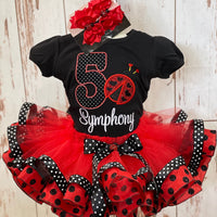 LadyBug birthday Tutu, Lady Bug Embroidery Birthday Shirt, Lady Bug Birthday outfit, Red and Black lady bug outfit