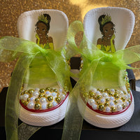 Princess and the frog themed Bling Converse, Princess Tiana personalized converse shoes, Gold custom Converse, Custom sneakers