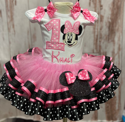 Traje de cumpleaños de Minnie Mouse rosa, vestido de Minnie Mouse rosa y negro, vestido de Minnie Mouse