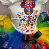 Clubhouse Minnie mouse traje de cumpleaños, traje de cumpleaños de Mickey Mouse, Rainbow Glitter Tutu, Mickey Mouse Clubhouse Shirt