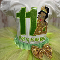Traje de tutú de princesa Tiana tema cumpleaños, camisa de princesa Tiana, tutú verde y marfil