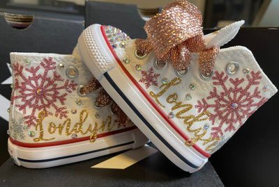 Winter Wonderland glitz bling converse,Onederland themed converse bling shoes, glitz bling baby shoes, rose gold gold and silver colors
