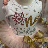 Winter Onederland Glitz Tutu Outfit en oro rosa, plata y oro, traje de tutú con ribete de cinta con tema de copos de nieve, traje de tutú con tema de invierno
