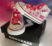 Hello Kitty Kawaii temática Bling Converse, Kitty Bling Converse, zapatos converse personalizados, zapatos personalizados de Hello Kitty, Chucks Bling personalizados