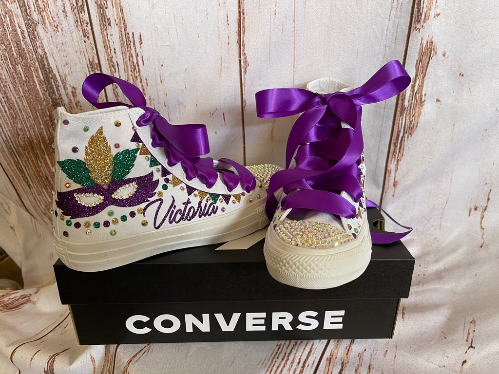 Mardi Gras tema personalizado Bling Converse, Mardi Gras zapatos personalizados, zapatos Converse personalizados