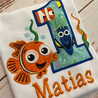 Buscando a Nemo cumpleaños camisa, niñas o niños Nemo inspirado aplique bordado camiseta, monograma personalizado buscando a Nemo Squirt camisa