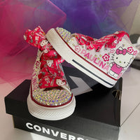 Hello Kitty Kawaii themed Bling Converse, Kitty Bling Converse, personalized converse shoes, Custom Hello Kitty Shoes, Custom Bling Chucks