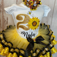 Sunflower Theme Ribbon Tutu Birthday Outfit,Sunflower Bee tutu outfit,first birthday outfit,personalized bumble beeoutfit