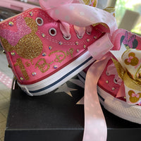 Rosa y oro personalizado Bling Converse, zapatos Minnie rosa y oro, Converse personalizado, zapatos de bebé personalizados, zapatos de Minnie Mouse