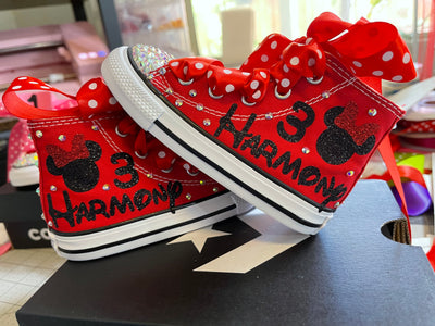 Minnie Mouse Personalized Bling Converse, Minnie Mouse theme shoes, Red Pink White or Black themed shoes