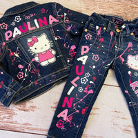 Traje de mezclilla de Hello Kitty, chaqueta de Hello Kitty, fiesta de Hello Kitty Kawaii, conjunto de pantalones de chaqueta de mezclilla de Hello Kitty Kawaii