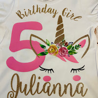Unicorn Custom Birthday Shirt, Pink and gold floral unicorn shirt, unicorn shirt