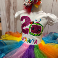 Cocomelon Glitter rainbow ribbon tutu, Cocomelon dress, Cocomelon Party, Cocomelon embroidery shirt, Cocomelon birthday outfit