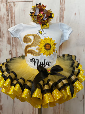 Traje de cumpleaños de tutú de cinta de tema de girasol, traje de tutú de abeja de girasol, traje de primer cumpleaños, traje de abejorro personalizado