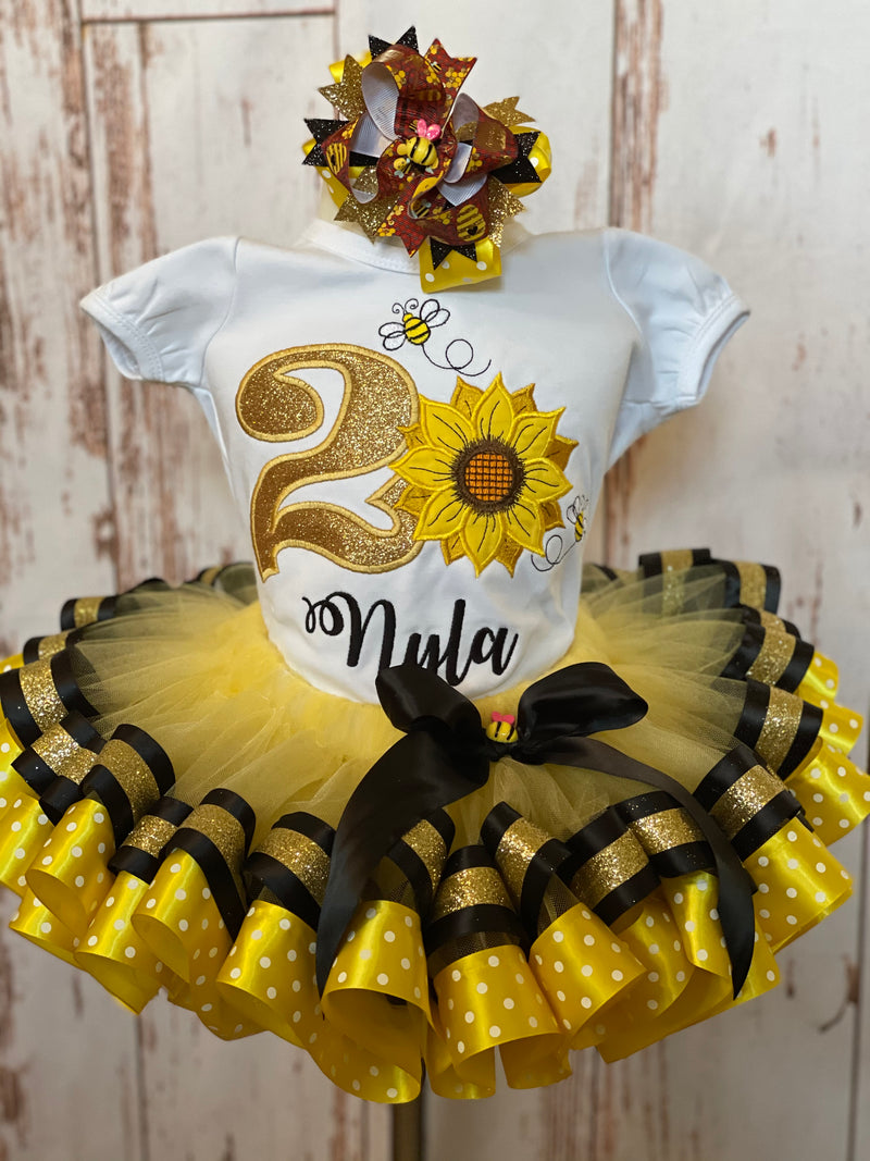 Traje de cumpleaños de tutú de cinta de tema de girasol, traje de tutú de abeja de girasol, traje de primer cumpleaños, traje de abejorro